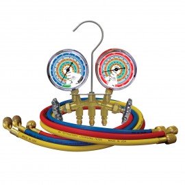Mastercool 56261 2-Way Brass Manifold Gauge Set with 60" barrier hoses with auto shut-off valves, R404A, R407C, R507A, R134a-