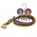 Mastercool 59236 2-Way Brass Manifold Gauge Set with 36" R410A hoses with ball valve control, 1/4" SAE fittings, R410A, R22, R404A-