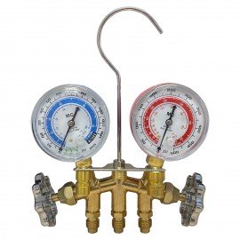 Mastercool 80103-MG 2-Valve Metric Brass Manifold with &amp;frac12;&amp;quot; ACME-M fittings and gauge guards-