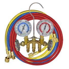 Mastercool 80661-M R134a 2-Way Brass Manifold Metric Gauge Set with 3 x 60&amp;quot; hoses, 2-&amp;frac12;&amp;quot; gauges-