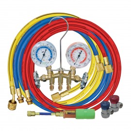 Mastercool 84661-UV 2-Way Brass Manifold Gauge Set with manual coupler and mini dye injector, R134a-