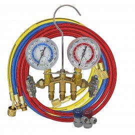 Mastercool 84772-M 2-Way Brass Manifold Gauge Set with manual coupler, metric, R134a-