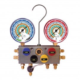 Mastercool 86772-G 4-Way Aluminum Manifold Gauge Set with SNAP-n-SEAL 90˚ coupler and protector guard, R134a-
