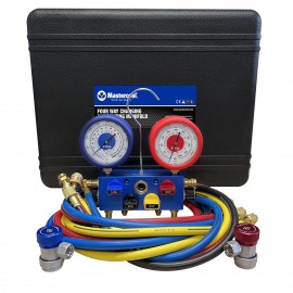 Mastercool 86961-G 4-Way Aluminum Manifold Gauge Set with manual coupler and protector guard, R134a-