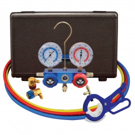 Mastercool 89660-PRO5 2-Way Aluminum Manifold Gauge Set with 3-in-1 side mount can tap valve and R134a coupler-