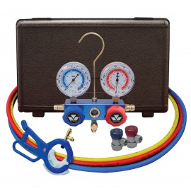 Mastercool 89661-PRO 2-Way Aluminum Manifold Gauge Set with manual couplers and 3-in-1 side mount can tap valve, 60" hoses, R134a-