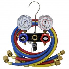 Mastercool 97636-G 2-Way Aluminum Manifold Set with 3 x 36&amp;quot; hose, shut-off valve fitting, and gauge guards-
