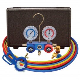 Mastercool 98660-PROM Dual R12 R134a 2-Way Aluminum Manifold with 2 sets of 3 hoses, 3-in-1 side mount can tap valve-