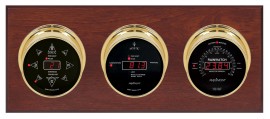 Maximum Blackwatch Three-Instrument Weather Station with mahogany panel, brass case, silver dial-