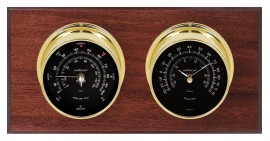 Maximum Catalina Two-Instrument Weather Station with mahogany panel, brass case, black dial-