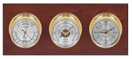 Maximum Executive Three-Instrument Weather Station with mahogany panel, brass case, silver dial-