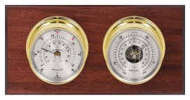 Maximum Hatteras 2S Two-Instrument Weather Station with mahogany panel, brass case, silver dial-