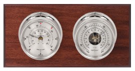 Maximum Hatteras 2S Two-Instrument Weather Station with mahogany panel, chrome case, silver dial-