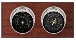 Maximum Hatteras Two-Instrument Weather Station with mahogany panel, chrome case, black dial-