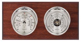 Maximum Hatteras Two-Instrument Weather Station with mahogany panel, chrome case, silver dial-