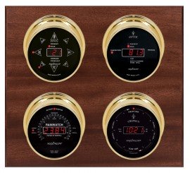 Maximum Marconi Four-Instrument Weather Station with mahogany panel, brass case, black dial-