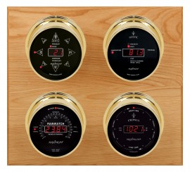 Maximum Marconi Four-Instrument Weather Station with oak panel, brass case, silver dial-
