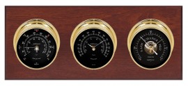 Maximum Montauk Three-Instrument Weather Station with mahogany panel, brass case, black dial-