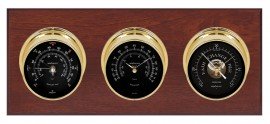Maximum Montauk Three-Instrument Weather Station with mahogany panel, brass case, black dial-