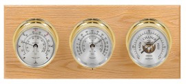 Maximum Montauk Three-Instrument Weather Station with oak panel, brass case, silver dial-