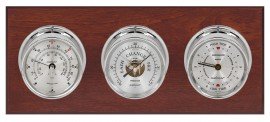 Maximum Newport Three-Instrument Weather Station with mahogany panel, chrome case, silver dial-
