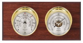 Maximum Portland Two-Instrument Weather Station with mahogany panel, brass case, silver dial-