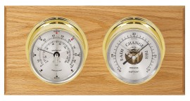 Maximum Portland Two-Instrument Weather Station with oak panel, brass case, silver dial-
