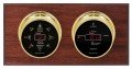 Maximum Sorcerer Two-Instrument Weather Station with mahogany panel, brass case, black dial-
