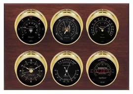 Maximum Weathermaster 2S Six-Instrument Weather Station with mahogany panel, brass case, black dial-