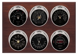 Maximum Weathermaster 2S Six-Instrument Weather Station with mahogany panel, chrome case, black dial-