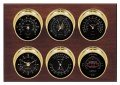 Maximum Weathermaster Six-Instrument Weather Station with mahogany panel, brass case, black dial-