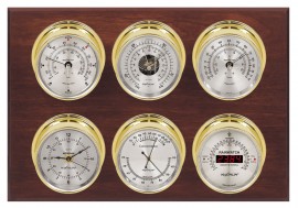 Maximum Weathermaster Six-Instrument Weather Station with mahogany panel, brass case, silver dial-