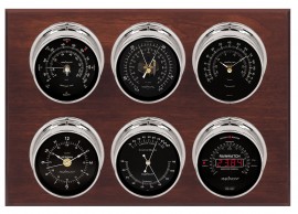 Maximum Weathermaster Six-Instrument Weather Station with mahogany panel, chrome case, black dial-