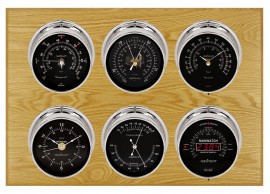 Maximum Weathermaster Six-Instrument Weather Station with oak panel, chrome case, black dial-