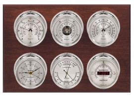Maximum Weathermaster Six-Instrument Weather Station with mahogany panel, chrome case, silver dial-