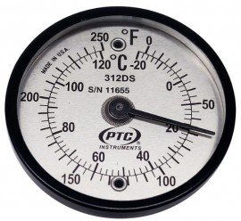 PTC Instruments 312DS Dual-Scale Thermometer, 0 to 250&amp;deg;F/-20 to 120&amp;deg;C-