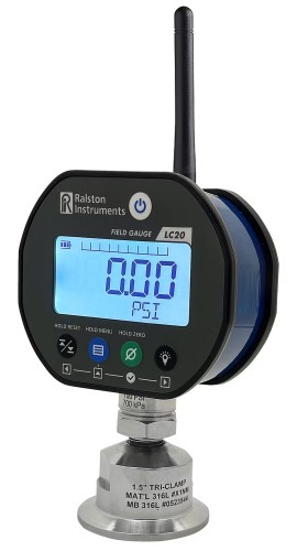 Ralston Field Gauge LC20 Digital Sanitary Pressure Gauge with wireless radio, 30 psi, bottom connection-