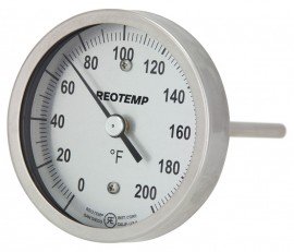 REOTEMP AA Back Connect Bimetal Thermometer, 3&amp;quot; dial, 0 to 250&amp;deg;F/-20 to 120&amp;deg;C-