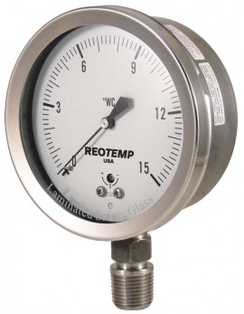 REOTEMP PCS Stainless Steel Low Pressure Gauge with bottom mount, 4&amp;quot; dial, -5/0/5 psi-