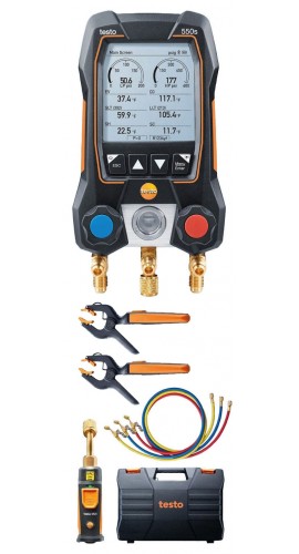 Testo 550s Smart Digital Manifold Kit with wireless temperature and vacuum probes and hoses, -14 to 870 psi-