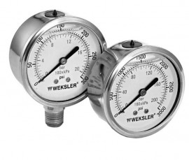 Weksler BY12YPS4LW Liquid Filled Pressure Gauge, 0-2000 psi and 0/140 bar (14,000 kPa), Bottom Connection-