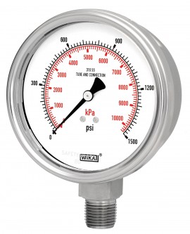 WIKA 233.54 Pressure Gauge, -30 inHg/30 psi/kpa, 4&amp;quot; dial, &amp;frac12;&amp;quot; NPT lower mount, SS housing-