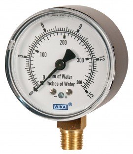 WIKA 611.1 Pressure Gauge, 0/10 &amp;quot;H<sub>2</sub>O, 2.5&amp;quot; dial, &amp;frac14;&amp;quot; NPT lower mount, black painted steel housing-
