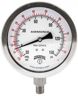 Winters PAM1701 Ammonia Gauge, 4&amp;quot; Dial, 30&amp;quot;/0/150 PSI/F, 1/4&amp;quot; NPT Bottom-