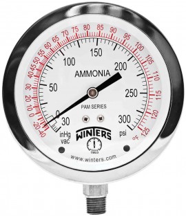 Winters PAM1702 Ammonia Gauge, 4&amp;quot; Dial, 30&amp;quot;/0/300 PSI/F, 1/4&amp;quot; NPT Bottom-