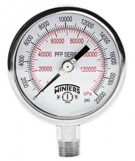 Winters PFP1023 Premium Stainless-Steel Liquid Filled Pressure Gauge, 30&amp;quot;/0/100 psi/kPa, 0.25&amp;quot; back (LB)-