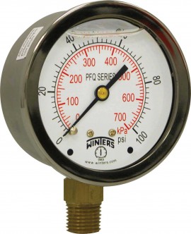 Winters PFQ804 Liquid Filled Brass Gauge, 2.5&amp;quot; Dial, 0 to 100 PSI/KPA, 1/4&amp;quot; NPT Bottom-