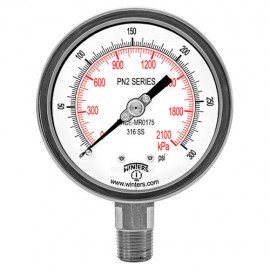 Winters PN2662N NACE Liquid Filled Gauge, 0/300 PSI/KPA, 4&amp;quot; Dial, 1/2&amp;quot; NPT Bottom-