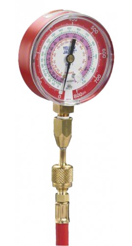 Yellow Jacket 40344 Red pressure gauge, 0 to 800 psi, &amp;deg;F, for R-22, R-404A, and R-410A, with quick coupler and hose-