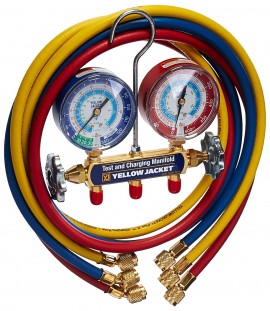Yellow Jacket 41393 2-Valve Test/Charging Manifold, (kg/cm2/psi &amp;deg;C) R134A Refrigerant, Red/Blue Gauges (R/Y/B Hoses)-